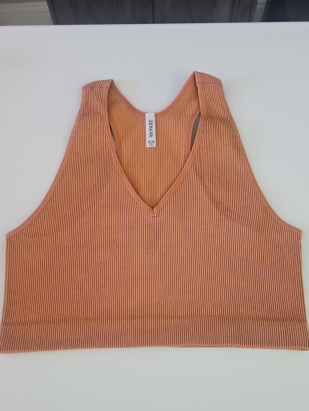 Zenana Outfitters Ribbed V‑Neck Crop Tank Top - Rust Orange